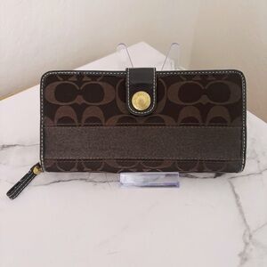 Coach Signature C Dark Brown Long Zip Around Wallet with Gold Button Accent